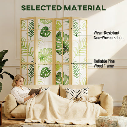4-Panel Folding Room Divider, 63 x 67 in — Pine Frame Privacy Screen with Palm Leaf Print, Free-Standing Partition (Natural Wood & Green)