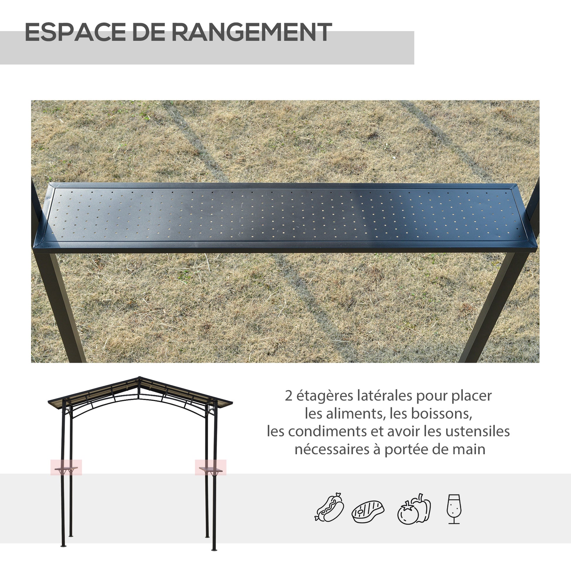 Garden Pavilion 2.5 x 1.5 m - barbecue shelter - 2 shelves - barbecue roof - black metal polycarbonate roof