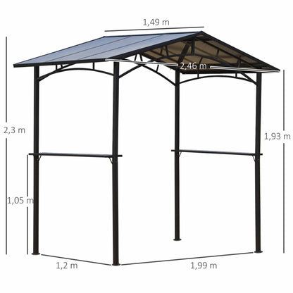 Garden Pavilion 2.5 x 1.5 m - barbecue shelter - 2 shelves - barbecue roof - black metal polycarbonate roof