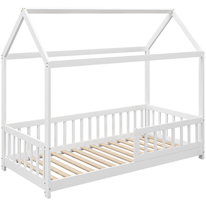 Montessori Children's House Bed, 90x190 cm Kids Bed Shaped Like a House with 15 Slats, Pine Wood Frame and Protective Barriers for Bedroom, White