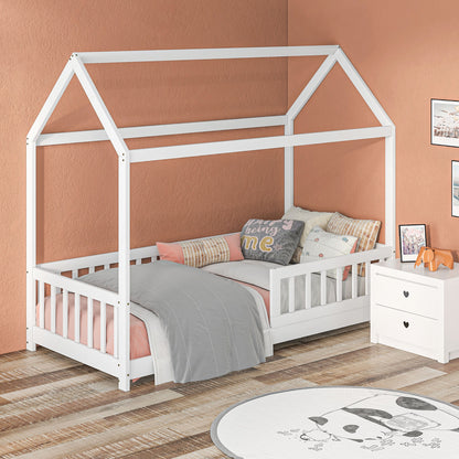 Montessori Children's House Bed, 90x190 cm Kids Bed Shaped Like a House with 15 Slats, Pine Wood Frame and Protective Barriers for Bedroom, White