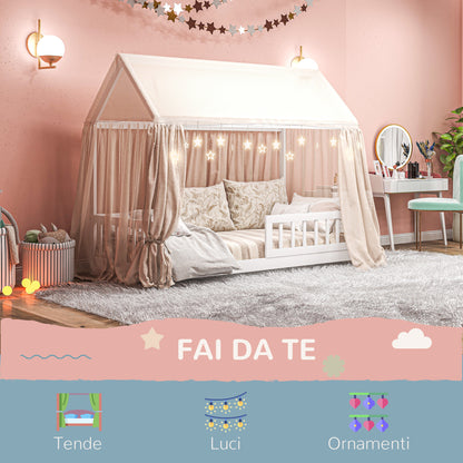 Montessori Children's House Bed, 90x190 cm Kids Bed Shaped Like a House with 15 Slats, Pine Wood Frame and Protective Barriers for Bedroom, White