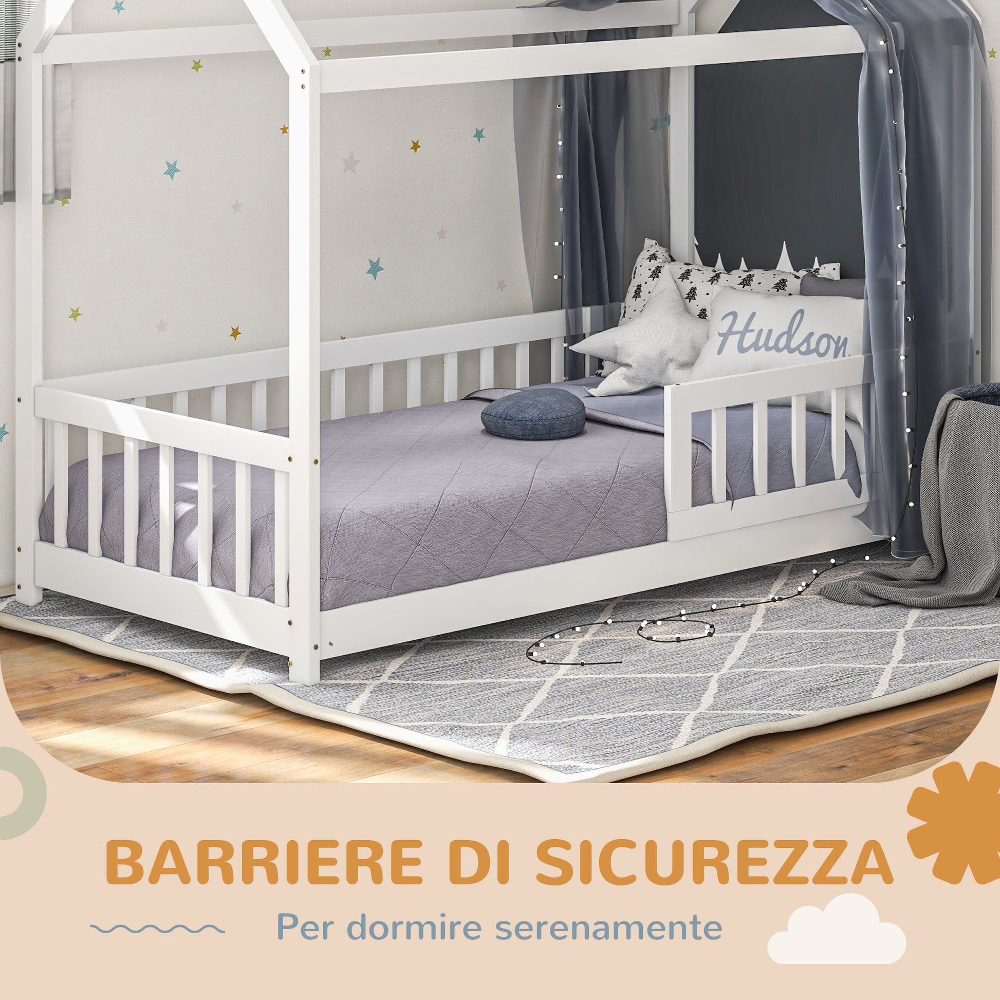 Montessori Children's House Bed, 90x190 cm Kids Bed Shaped Like a House with 15 Slats, Pine Wood Frame and Protective Barriers for Bedroom, White