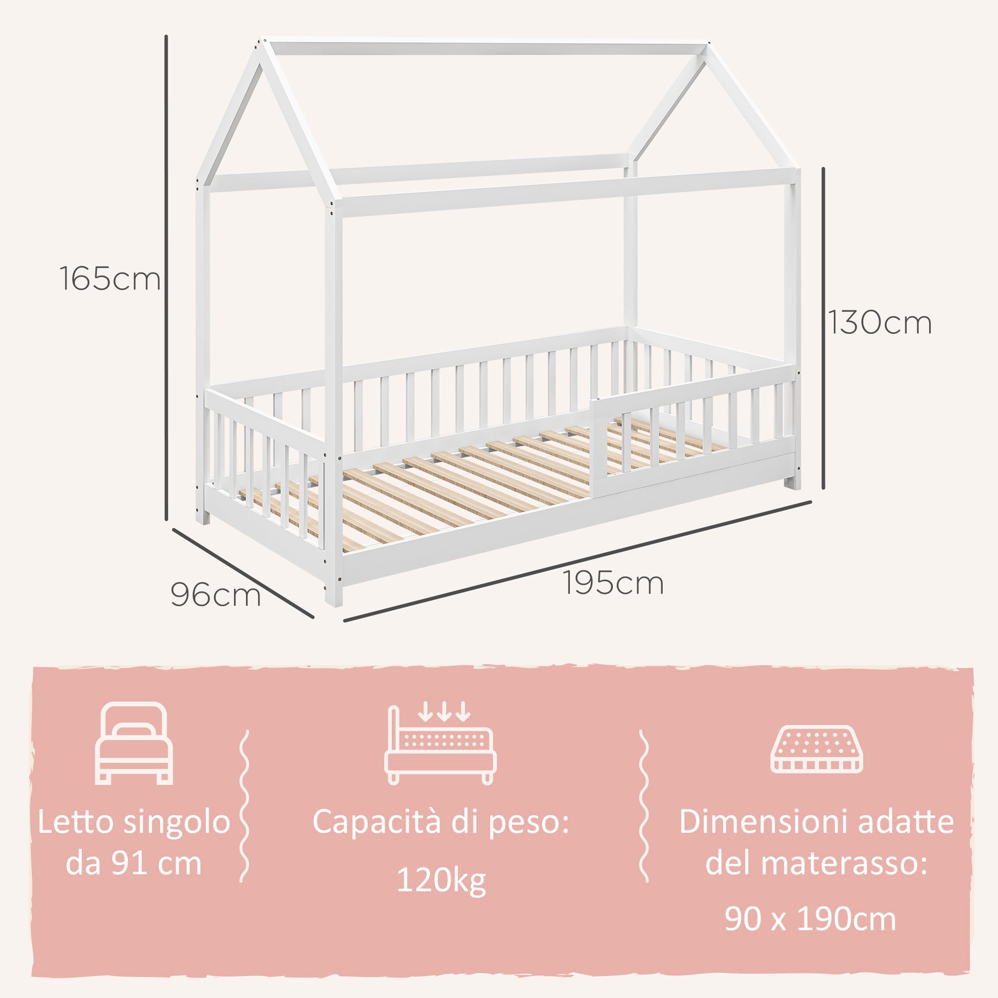 Montessori Children's House Bed, 90x190 cm Kids Bed Shaped Like a House with 15 Slats, Pine Wood Frame and Protective Barriers for Bedroom, White