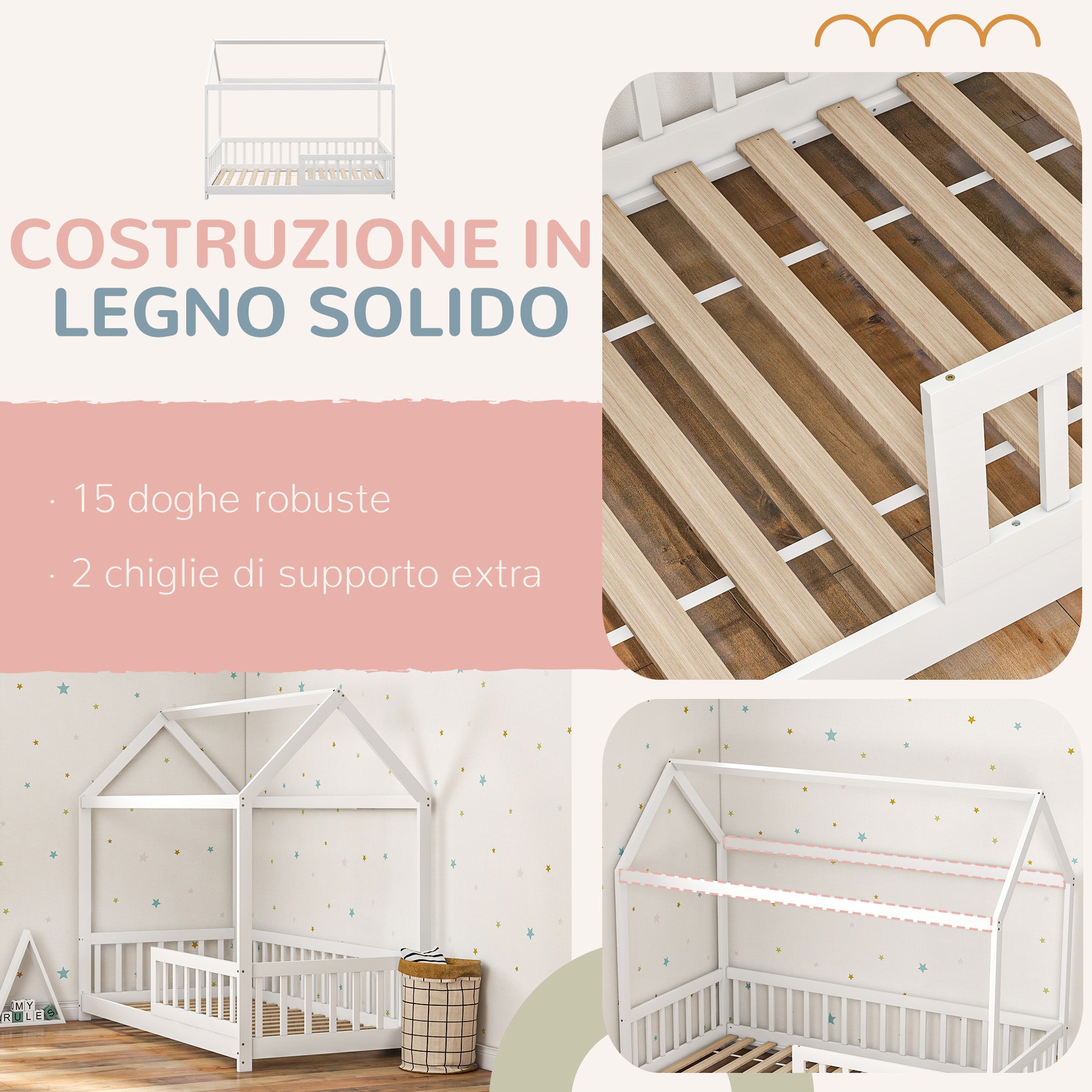 Montessori Children's House Bed, 90x190 cm Kids Bed Shaped Like a House with 15 Slats, Pine Wood Frame and Protective Barriers for Bedroom, White