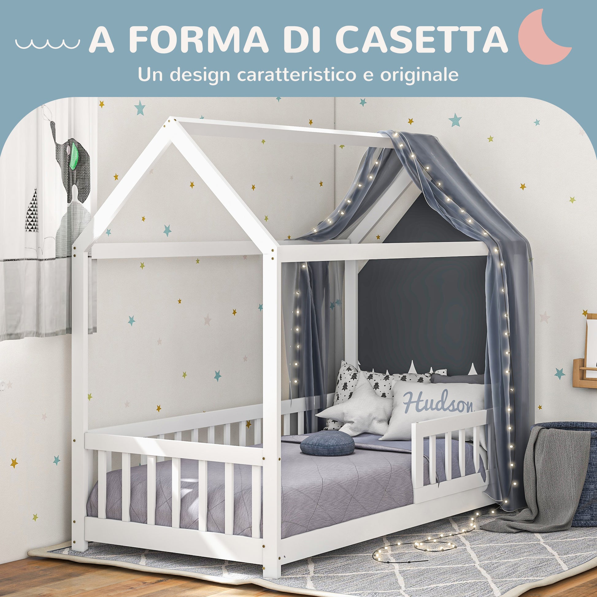 Montessori Children's House Bed, 90x190 cm Kids Bed Shaped Like a House with 15 Slats, Pine Wood Frame and Protective Barriers for Bedroom, White