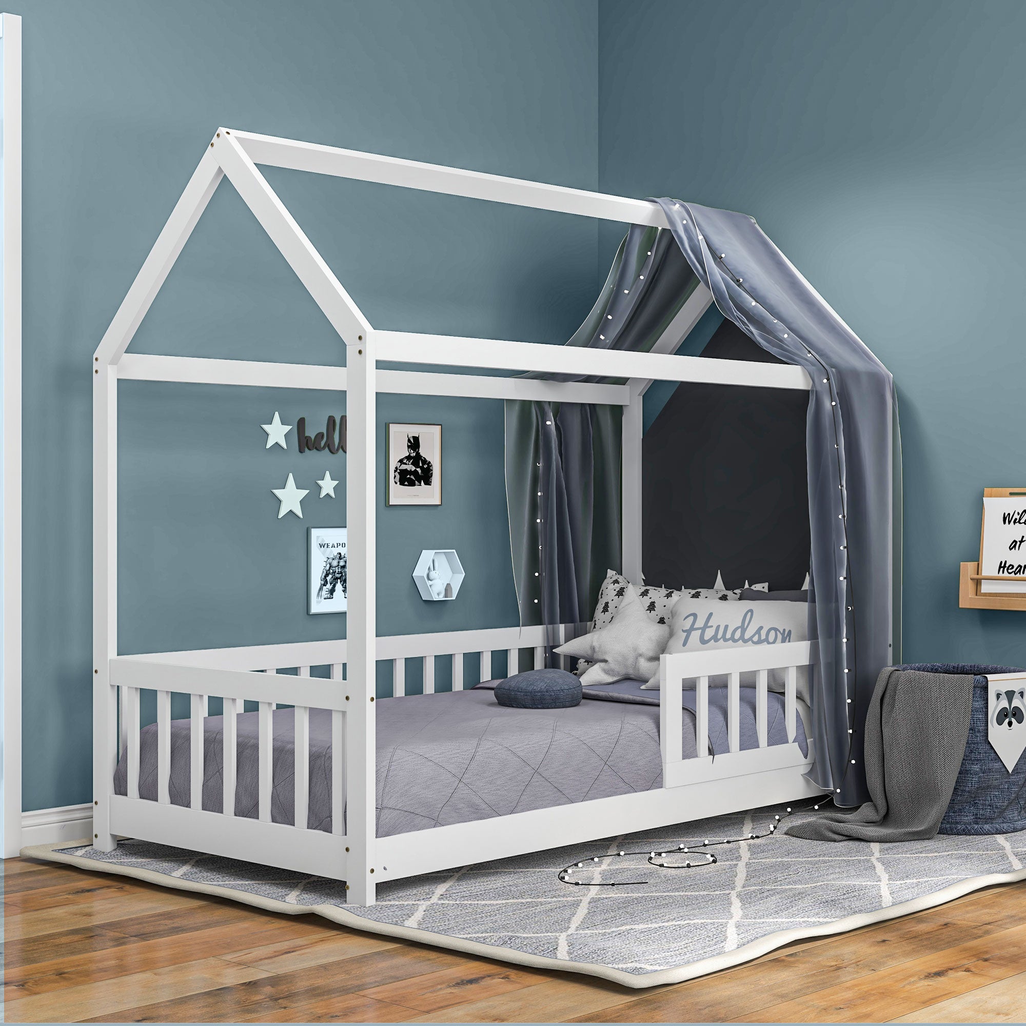 Montessori Children's House Bed, 90x190 cm Kids Bed Shaped Like a House with 15 Slats, Pine Wood Frame and Protective Barriers for Bedroom, White