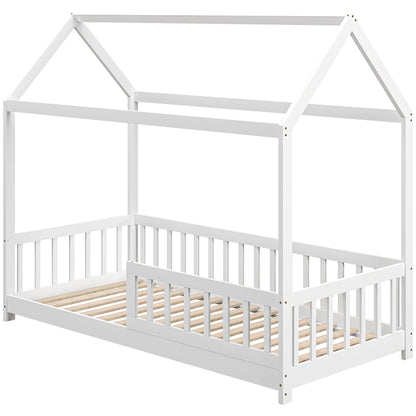 Montessori Children's House Bed, 90x190 cm Kids Bed Shaped Like a House with 15 Slats, Pine Wood Frame and Protective Barriers for Bedroom, White