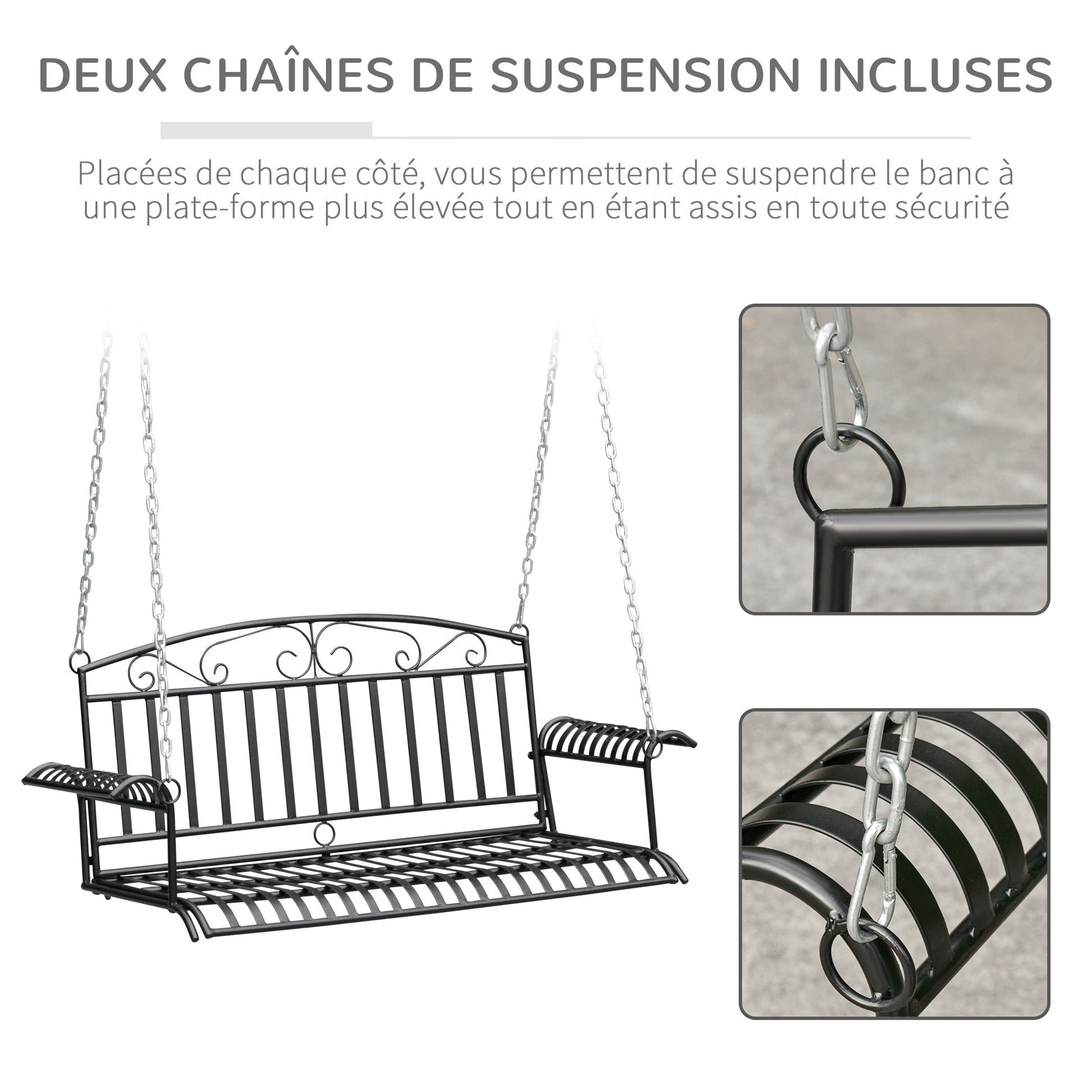 2-Seater Hanging Garden Bench in Metal dim. 137L x 58W x 52H cm Black