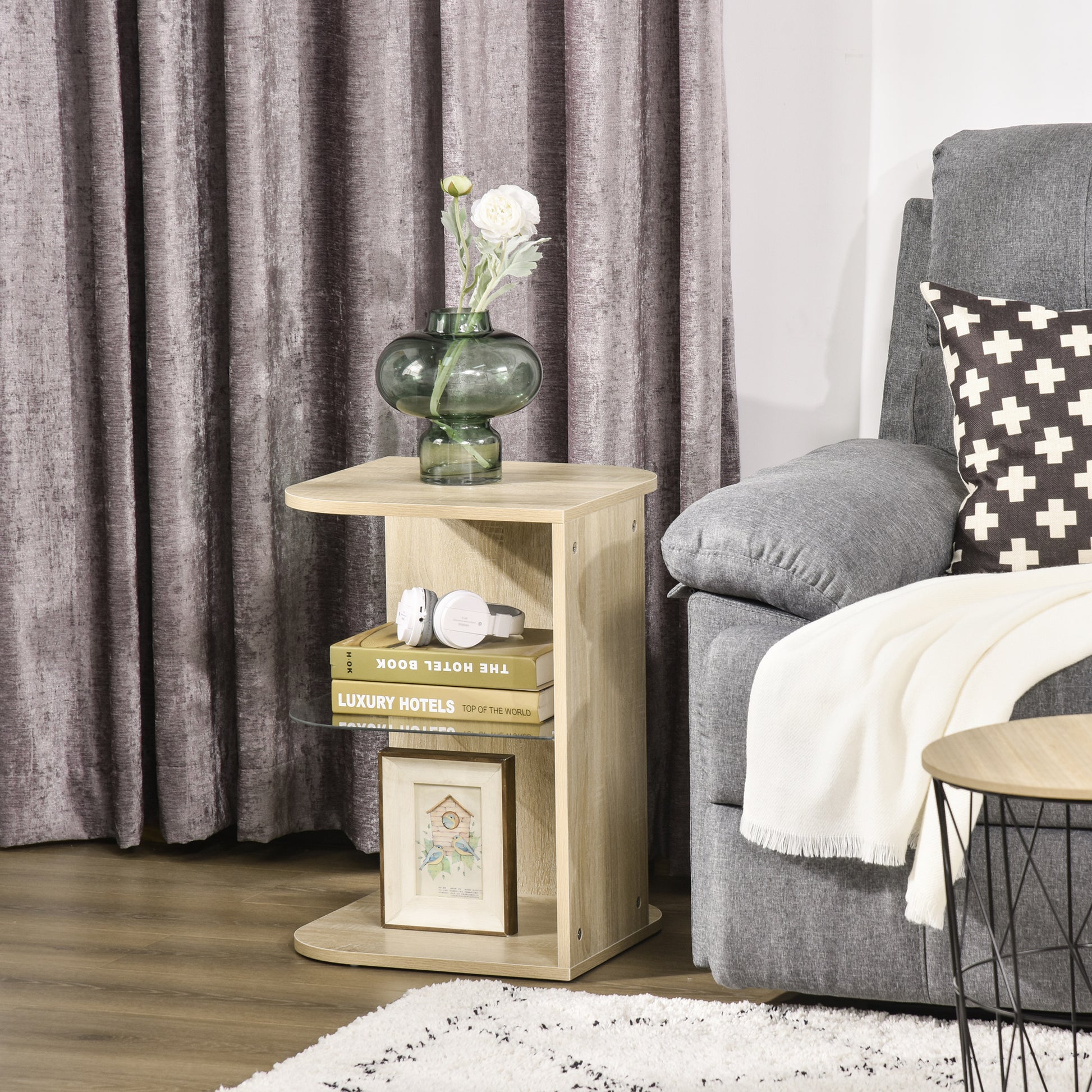 Modern Living Room Side Table Nightstand with 3 Glass Shelves Coffee Table for Living Room Bedroom 15.75"x15.75"x22" Natural Wood