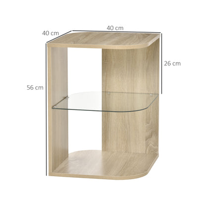 Modern Living Room Side Table Nightstand with 3 Glass Shelves Coffee Table for Living Room Bedroom 15.75"x15.75"x22" Natural Wood