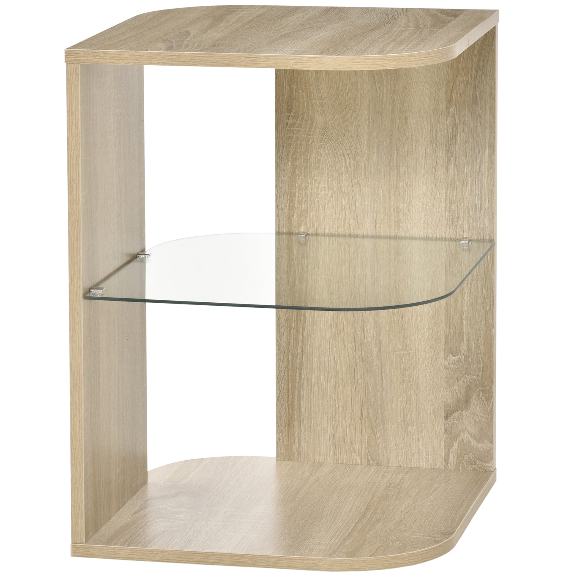 Modern Living Room Side Table Nightstand with 3 Glass Shelves Coffee Table for Living Room Bedroom 15.75"x15.75"x22" Natural Wood
