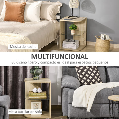 Modern Living Room Side Table Nightstand with 3 Glass Shelves Coffee Table for Living Room Bedroom 15.75"x15.75"x22" Natural Wood