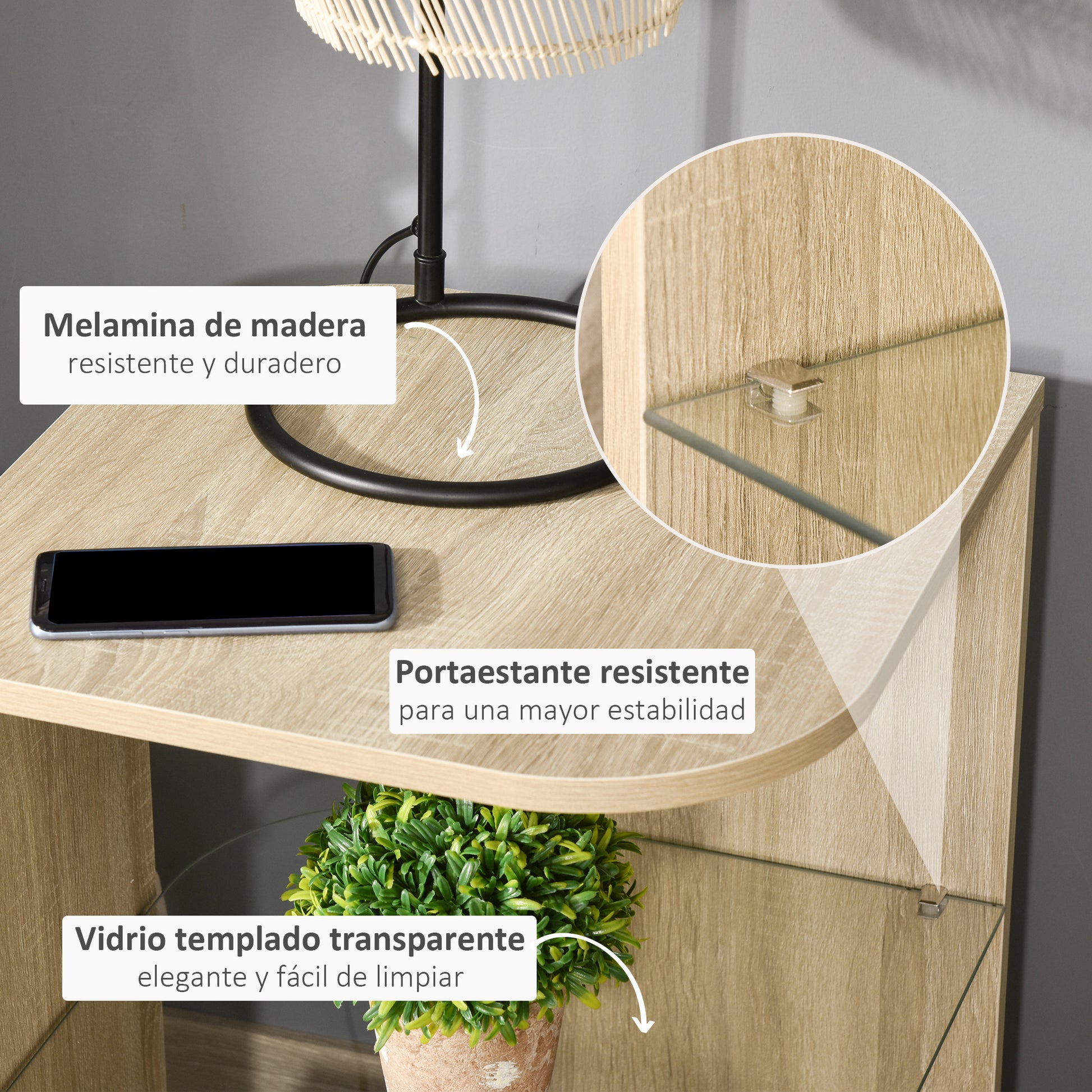 Modern Living Room Side Table Nightstand with 3 Glass Shelves Coffee Table for Living Room Bedroom 15.75"x15.75"x22" Natural Wood
