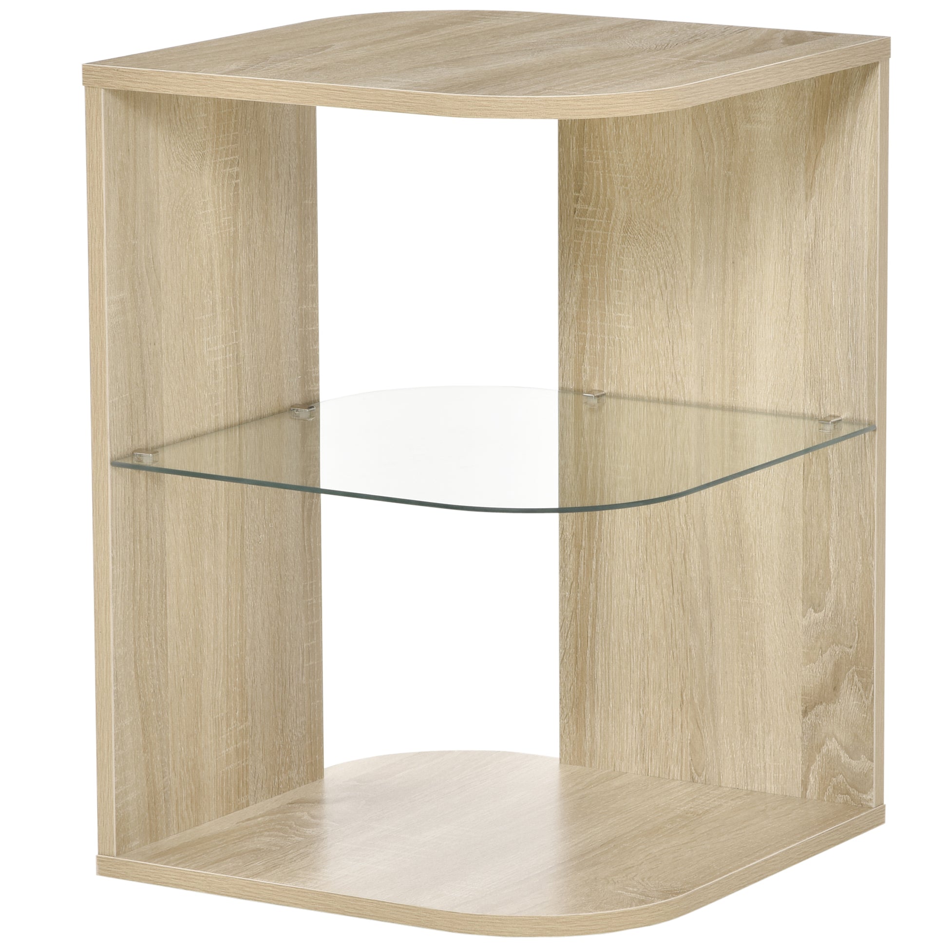 Modern Living Room Side Table Nightstand with 3 Glass Shelves Coffee Table for Living Room Bedroom 15.75"x15.75"x22" Natural Wood