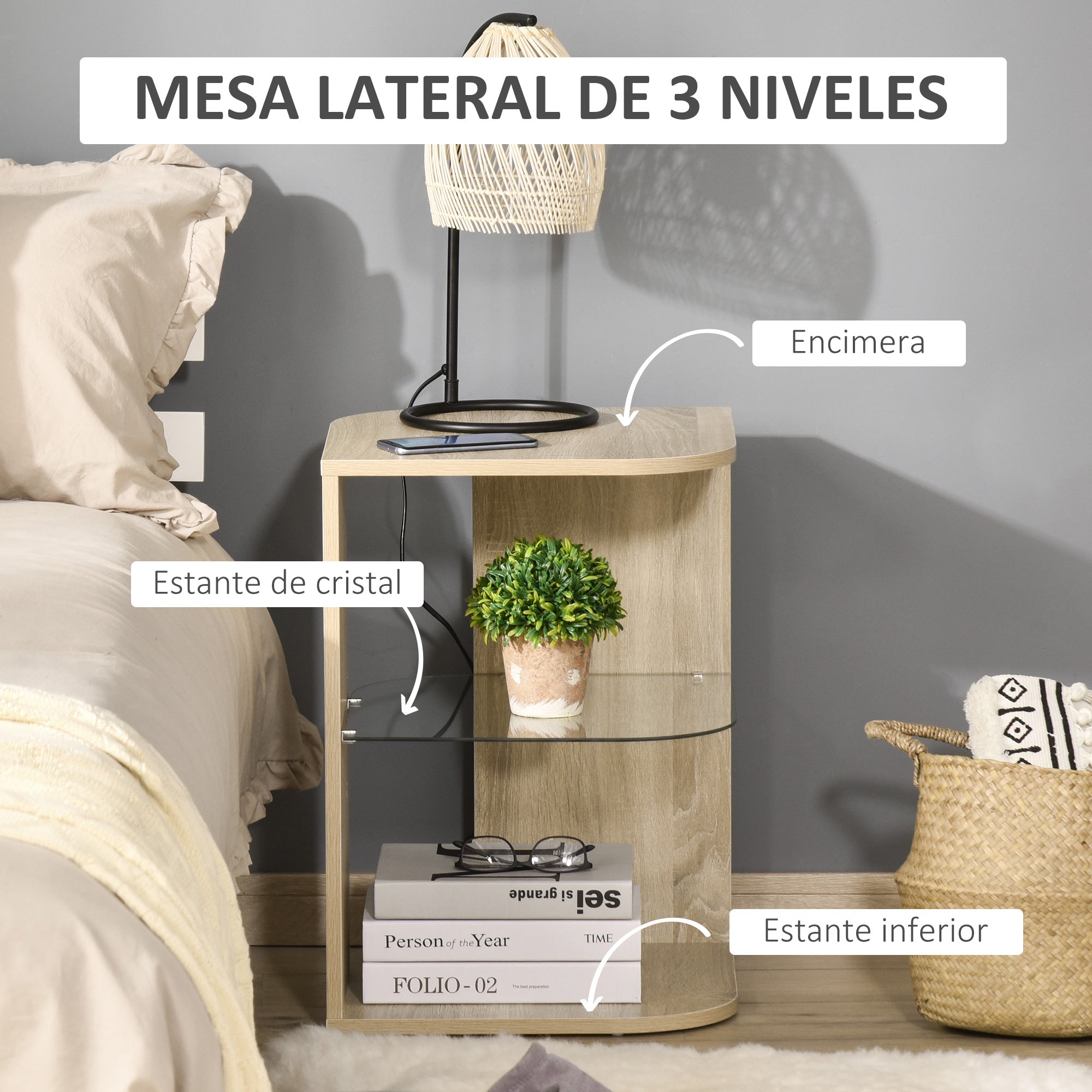 Modern Living Room Side Table Nightstand with 3 Glass Shelves Coffee Table for Living Room Bedroom 15.75"x15.75"x22" Natural Wood
