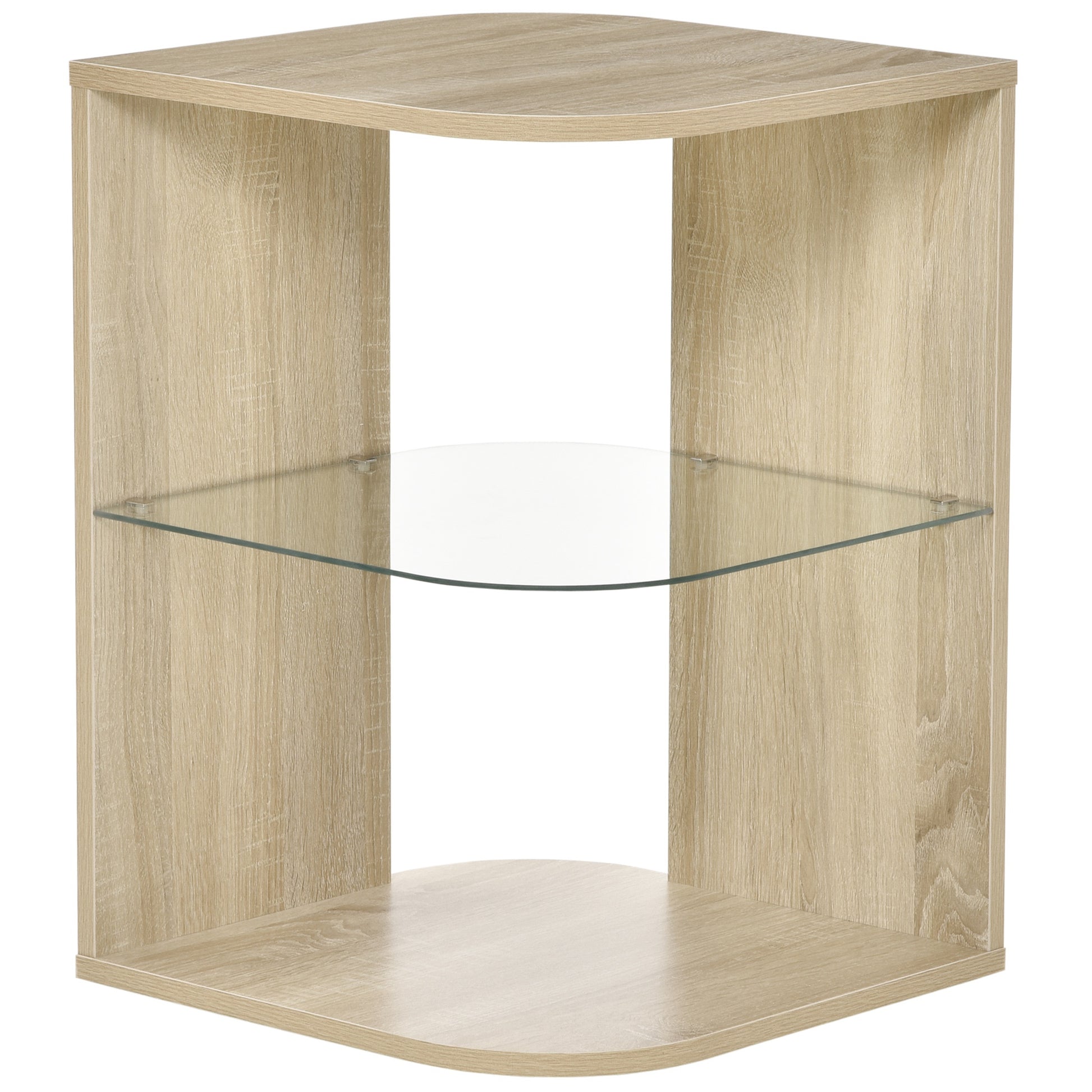 Modern Living Room Side Table Nightstand with 3 Glass Shelves Coffee Table for Living Room Bedroom 15.75"x15.75"x22" Natural Wood