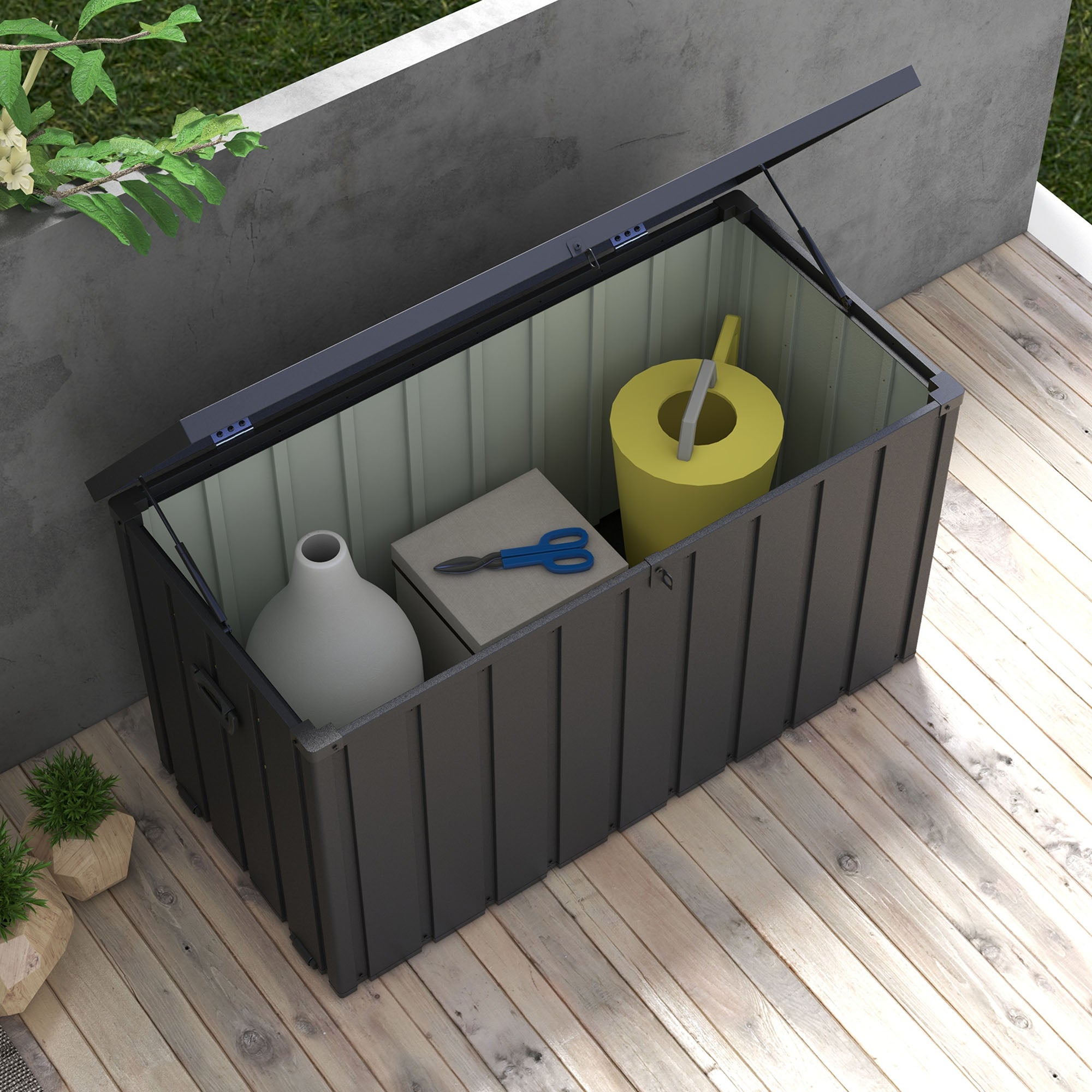 Garden Storage Trunk Box 450L Capacity Metal with Gas Strut, Wheels, and Handle - dim. 125.5L x 61.5W x 70H cm