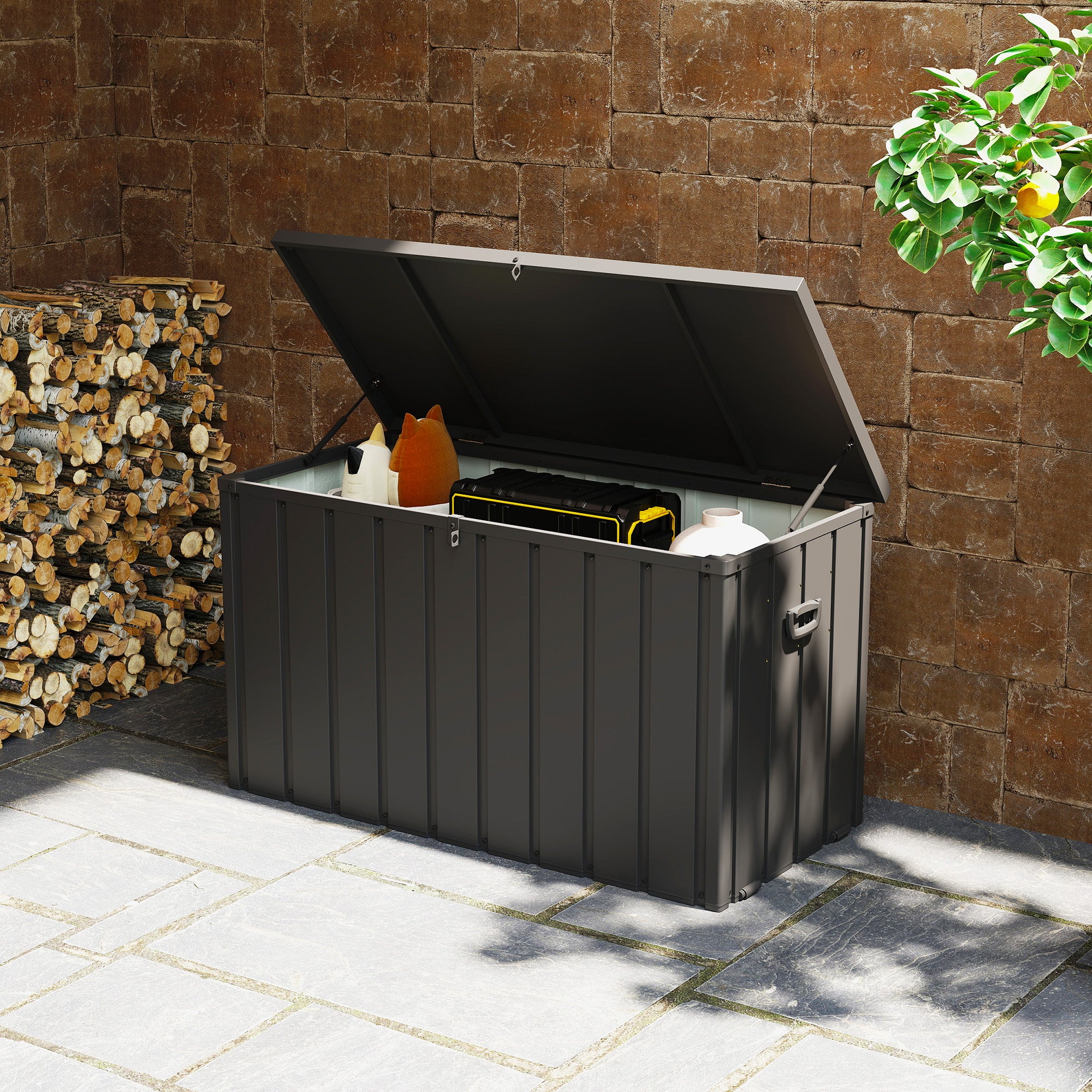 Garden Storage Trunk Box 450L Capacity Metal with Gas Strut, Wheels, and Handle - dim. 125.5L x 61.5W x 70H cm