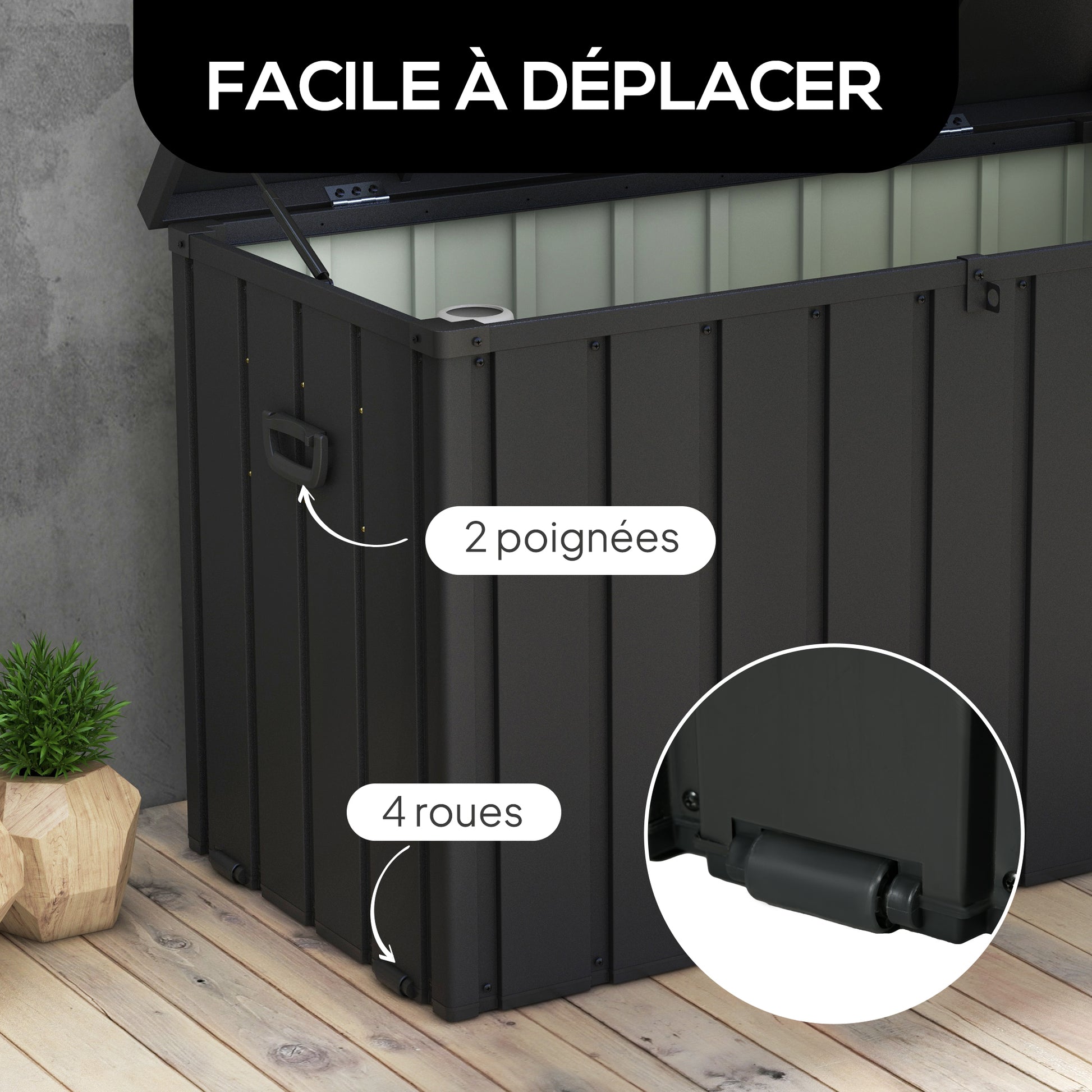 Garden Storage Trunk Box 450L Capacity Metal with Gas Strut, Wheels, and Handle - dim. 125.5L x 61.5W x 70H cm