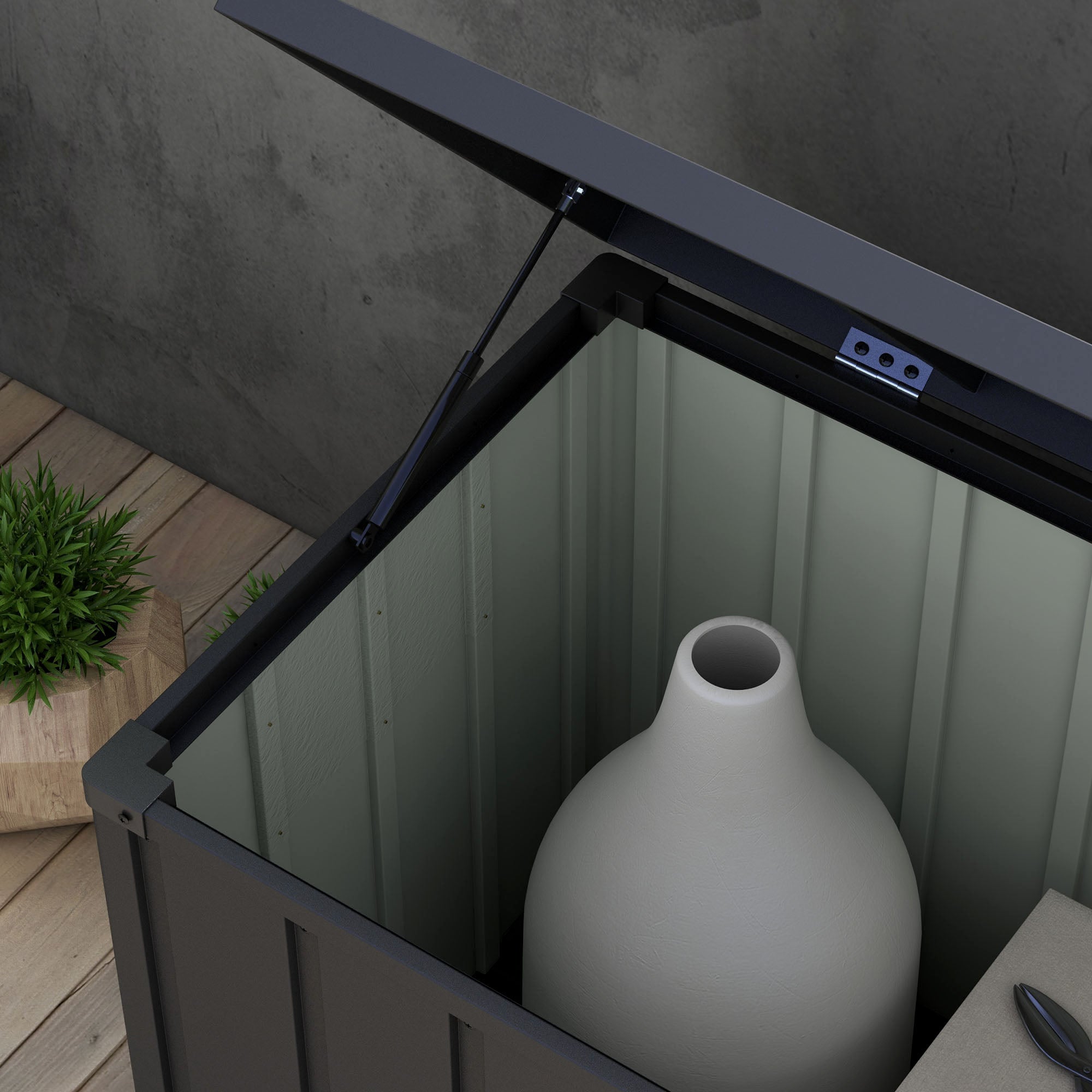 Garden Storage Trunk Box 450L Capacity Metal with Gas Strut, Wheels, and Handle - dim. 125.5L x 61.5W x 70H cm