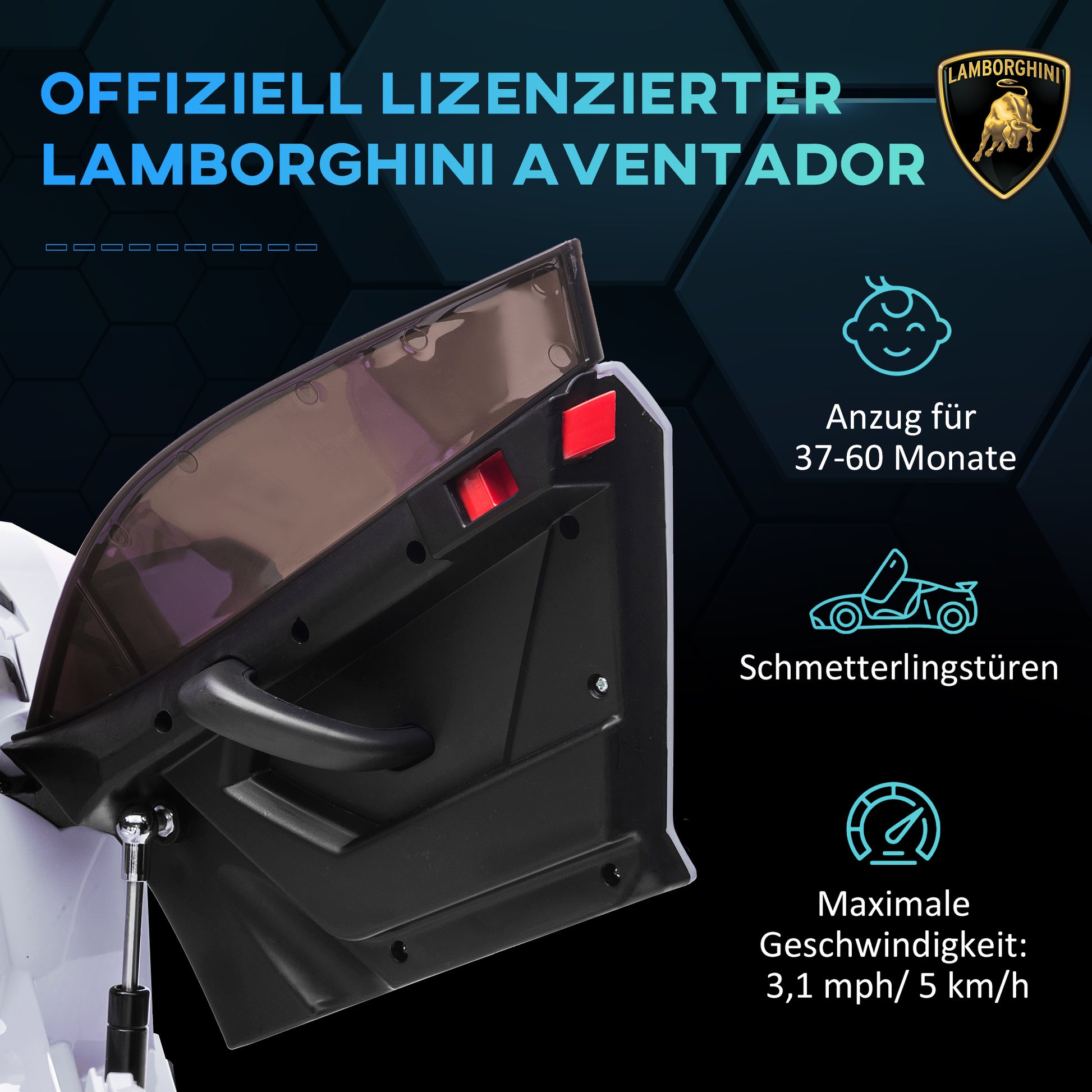 Children's Electric Car LAMBORGHINI AVENTADOR SVJ ROADSTER 12V Kids Car with 2.4G Remote Control, 2 Motors, Children's Vehicle with MP3 Horn, Music, Soft Start, Electric Vehicle for 3-5 Years Kids, White