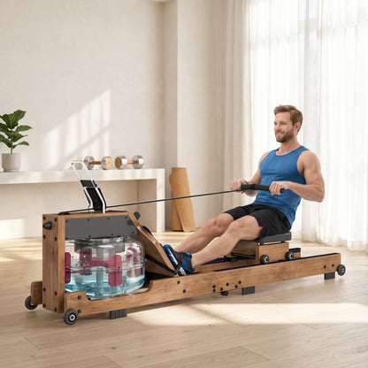 SPORTNOW Foldable Water Rower – Rubberwood Frame, Bluetooth App Compatible, Dual Aluminum Rails, LCD, Comfortable Padded Seat, Phone Holder, 348 lb Capacity