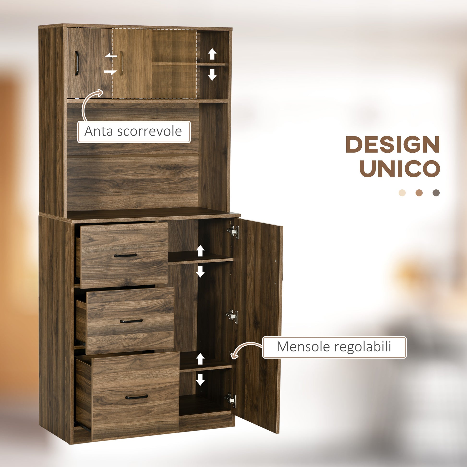 Modern Credenza with 3 Drawers and Cabinets, Kitchen and Living Room Pantry Storage in Wood, 80x40x178cm, Walnut