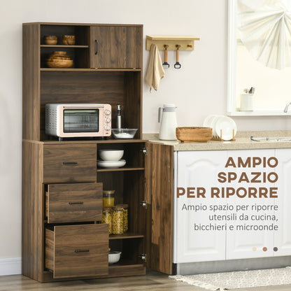 Modern Credenza with 3 Drawers and Cabinets, Kitchen and Living Room Pantry Storage in Wood, 80x40x178cm, Walnut