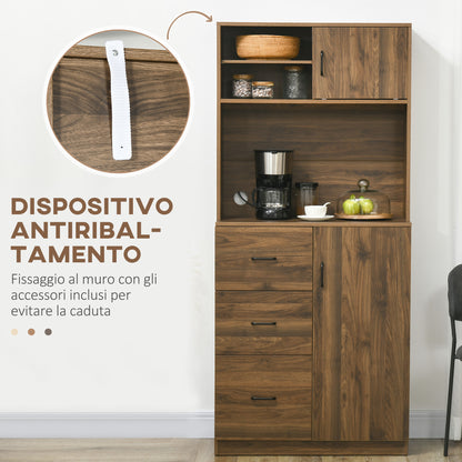 Modern Credenza with 3 Drawers and Cabinets, Kitchen and Living Room Pantry Storage in Wood, 80x40x178cm, Walnut
