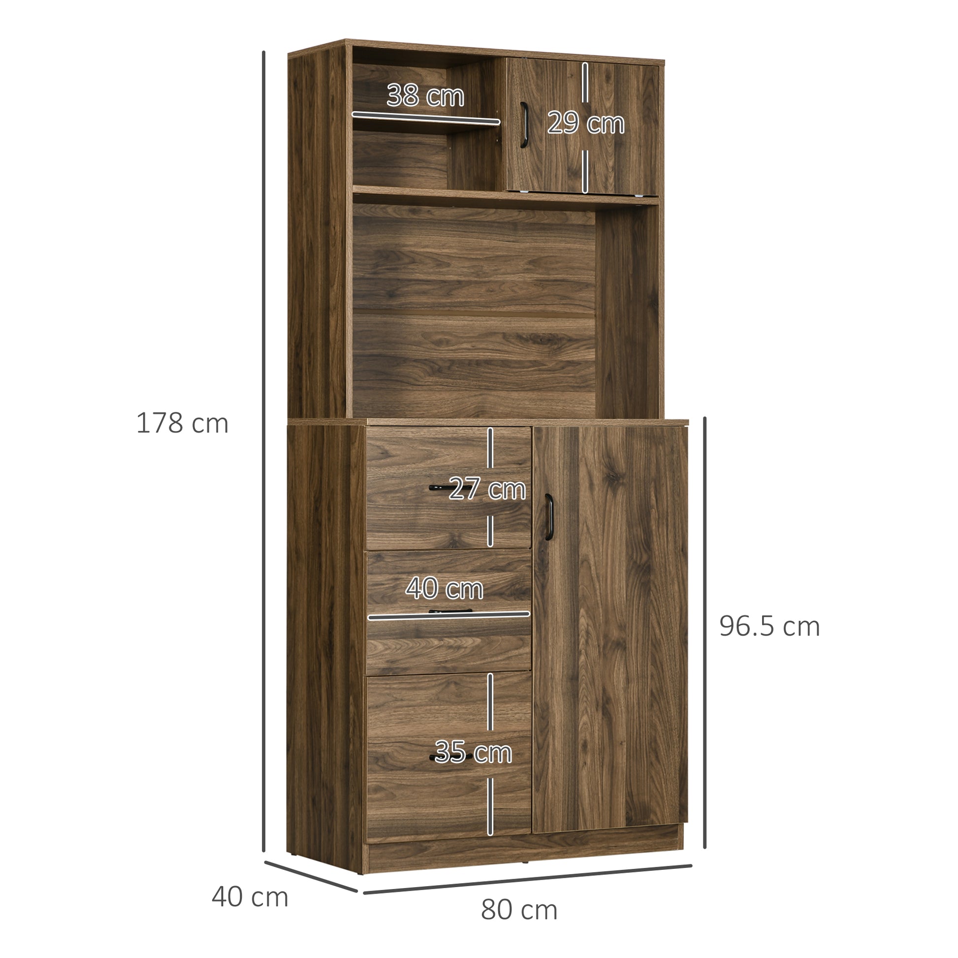 Modern Credenza with 3 Drawers and Cabinets, Kitchen and Living Room Pantry Storage in Wood, 80x40x178cm, Walnut