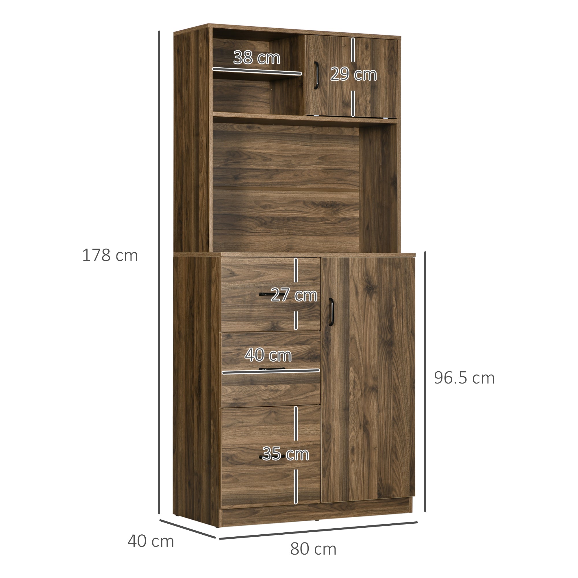 Modern Credenza with 3 Drawers and Cabinets, Kitchen and Living Room Pantry Storage in Wood, 80x40x178cm, Walnut
