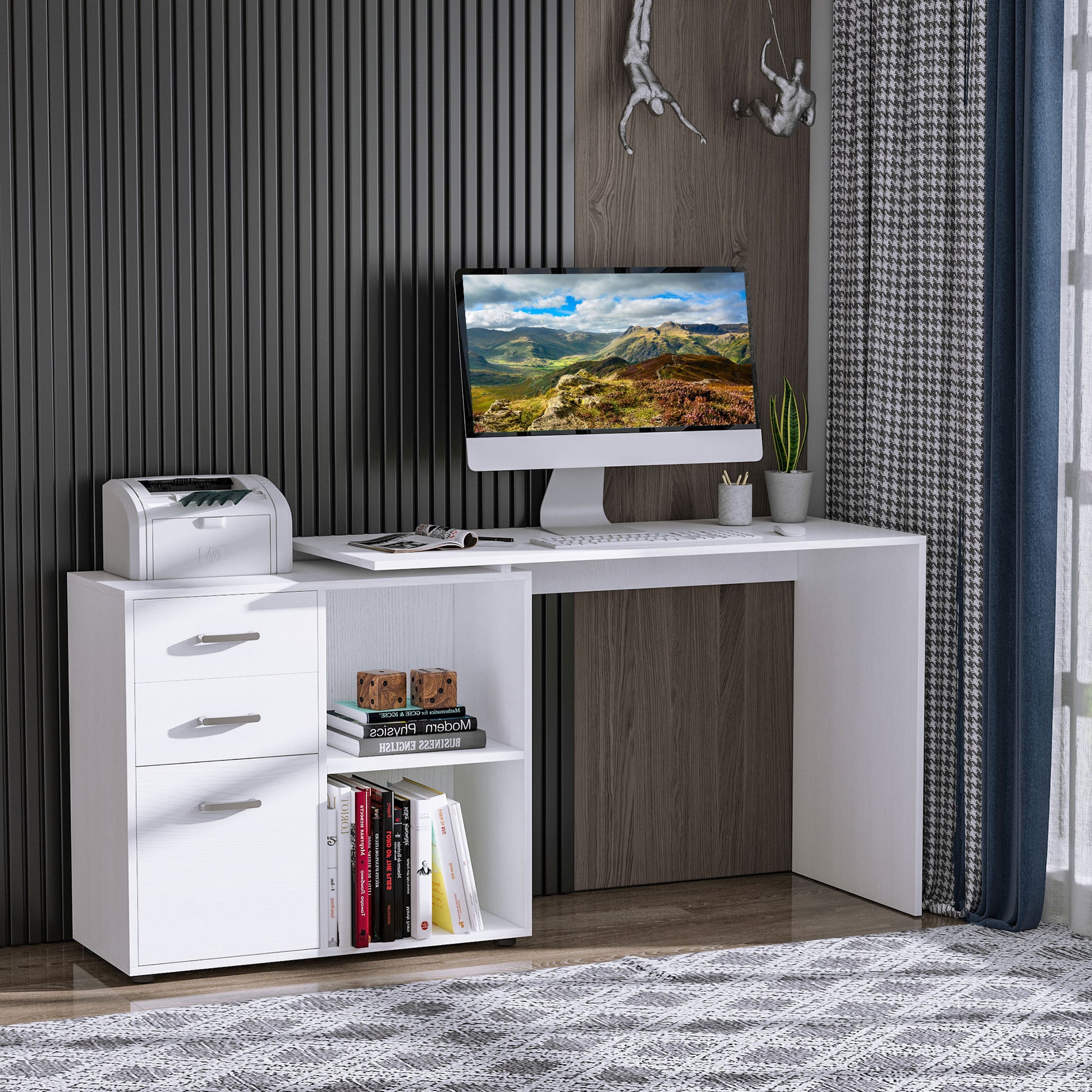 White Modular Corner Straight Desk Dining Table 2 in 1 Computer Desk 3 Drawers + 2 Shelves MDF