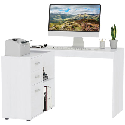 White Modular Corner Straight Desk Dining Table 2 in 1 Computer Desk 3 Drawers + 2 Shelves MDF