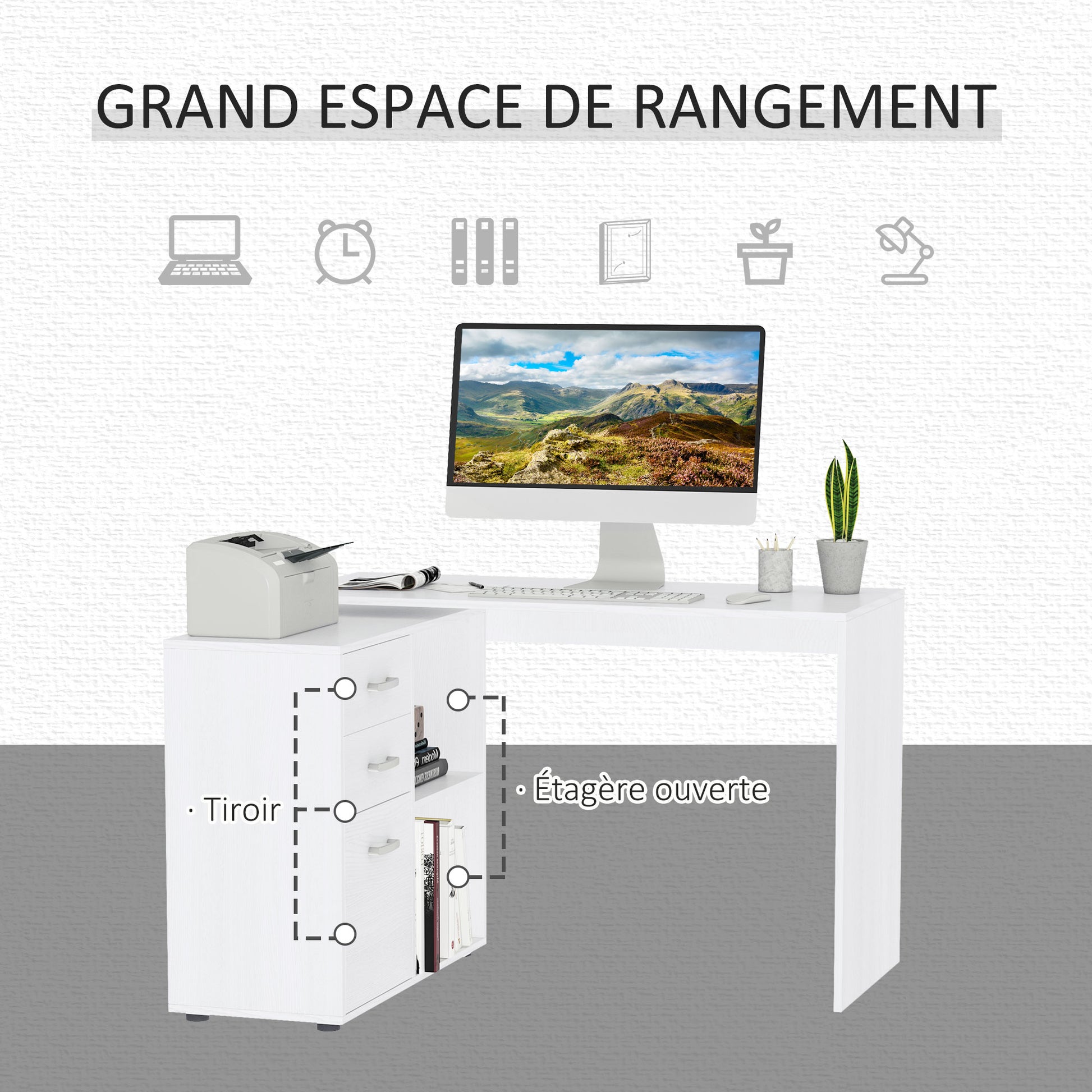 White Modular Corner Straight Desk Dining Table 2 in 1 Computer Desk 3 Drawers + 2 Shelves MDF