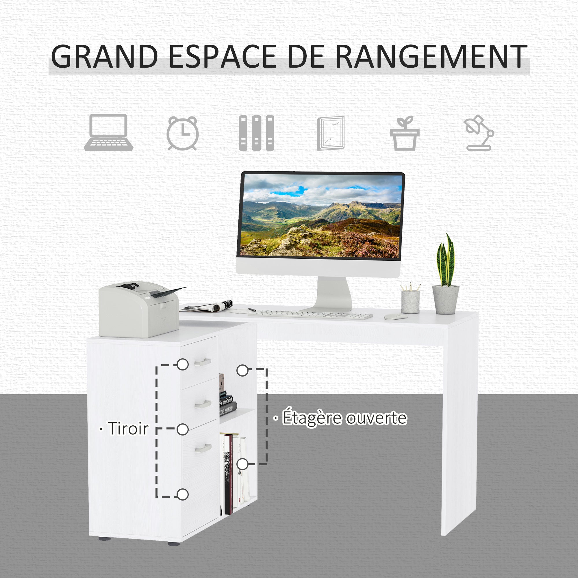 White Modular Corner Straight Desk Dining Table 2 in 1 Computer Desk 3 Drawers + 2 Shelves MDF