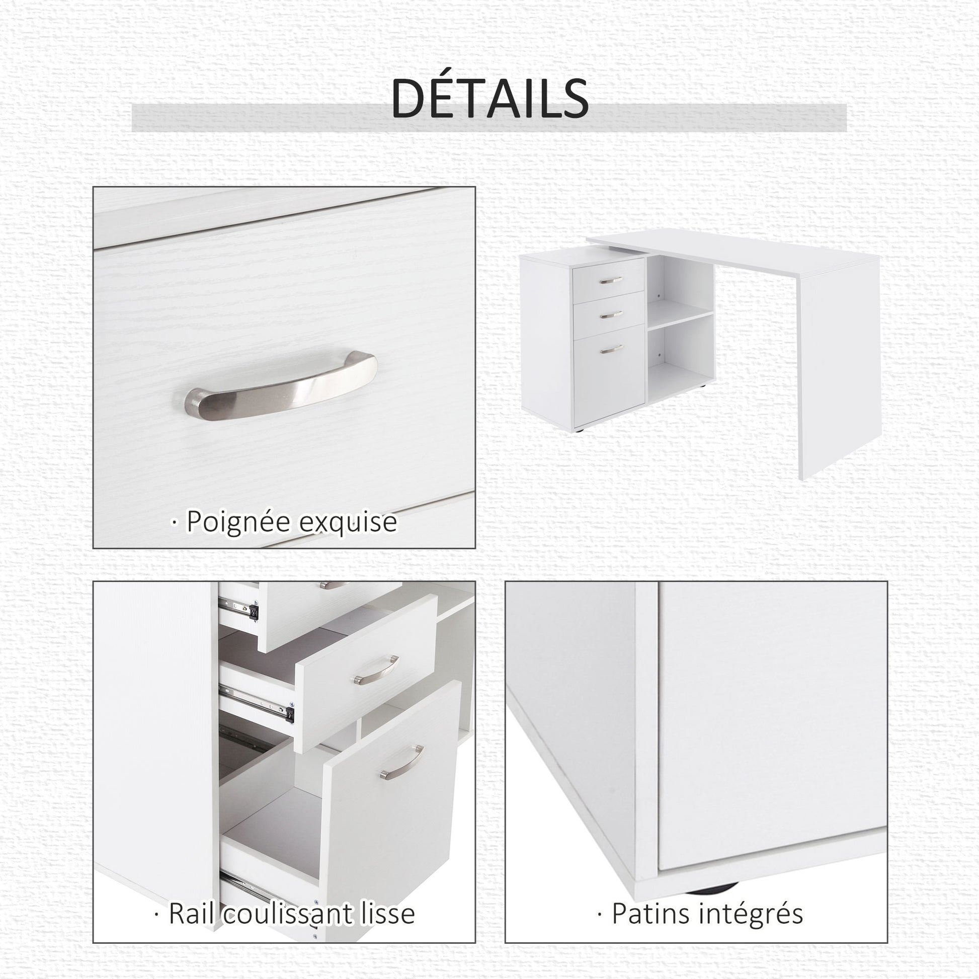 White Modular Corner Straight Desk Dining Table 2 in 1 Computer Desk 3 Drawers + 2 Shelves MDF