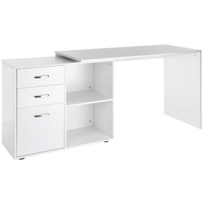 White Modular Corner Straight Desk Dining Table 2 in 1 Computer Desk 3 Drawers + 2 Shelves MDF