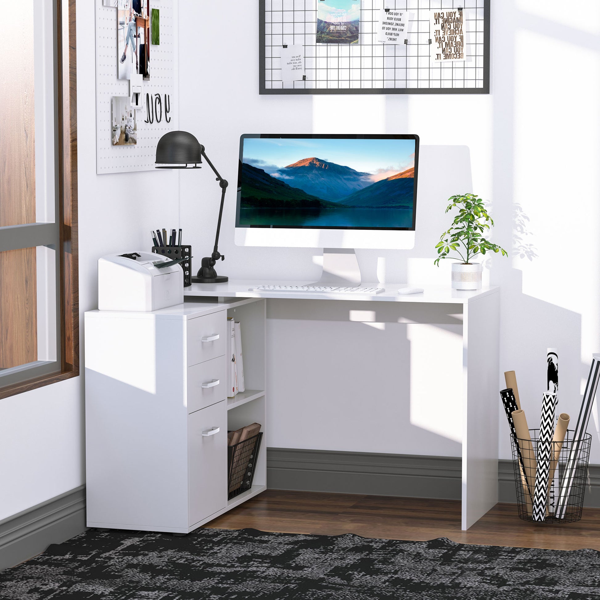 White Modular Corner Straight Desk Dining Table 2 in 1 Computer Desk 3 Drawers + 2 Shelves MDF