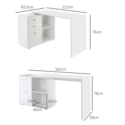 White Modular Corner Straight Desk Dining Table 2 in 1 Computer Desk 3 Drawers + 2 Shelves MDF