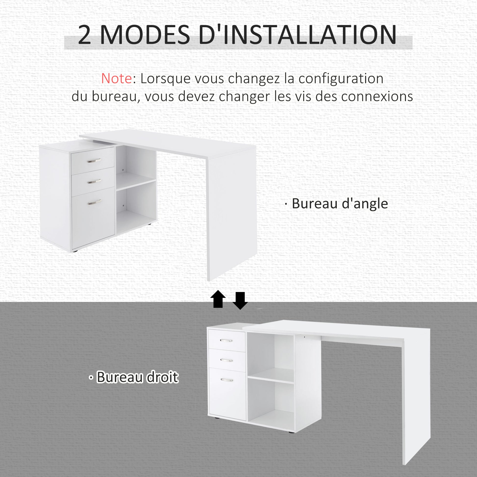 White Modular Corner Straight Desk Dining Table 2 in 1 Computer Desk 3 Drawers + 2 Shelves MDF