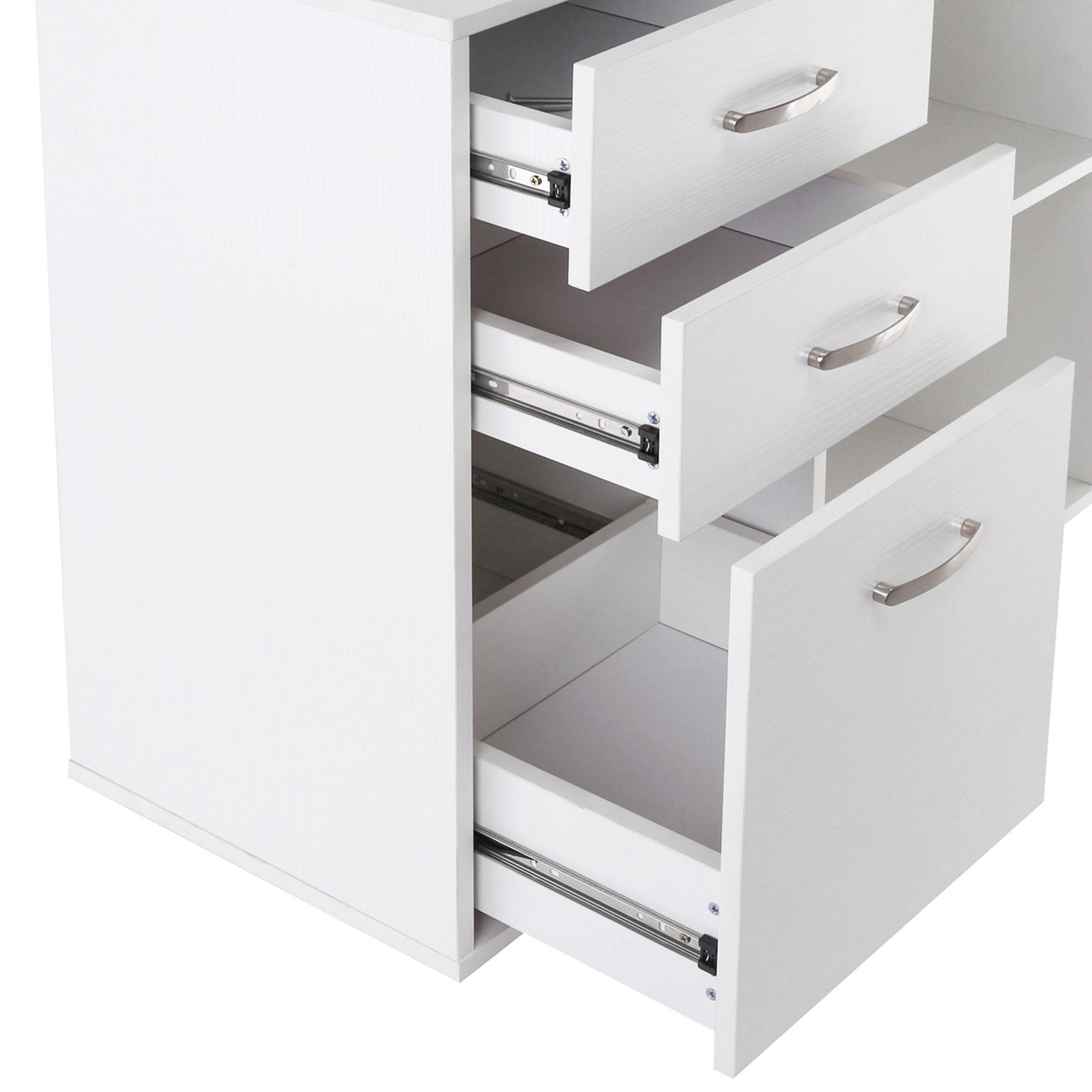 White Modular Corner Straight Desk Dining Table 2 in 1 Computer Desk 3 Drawers + 2 Shelves MDF