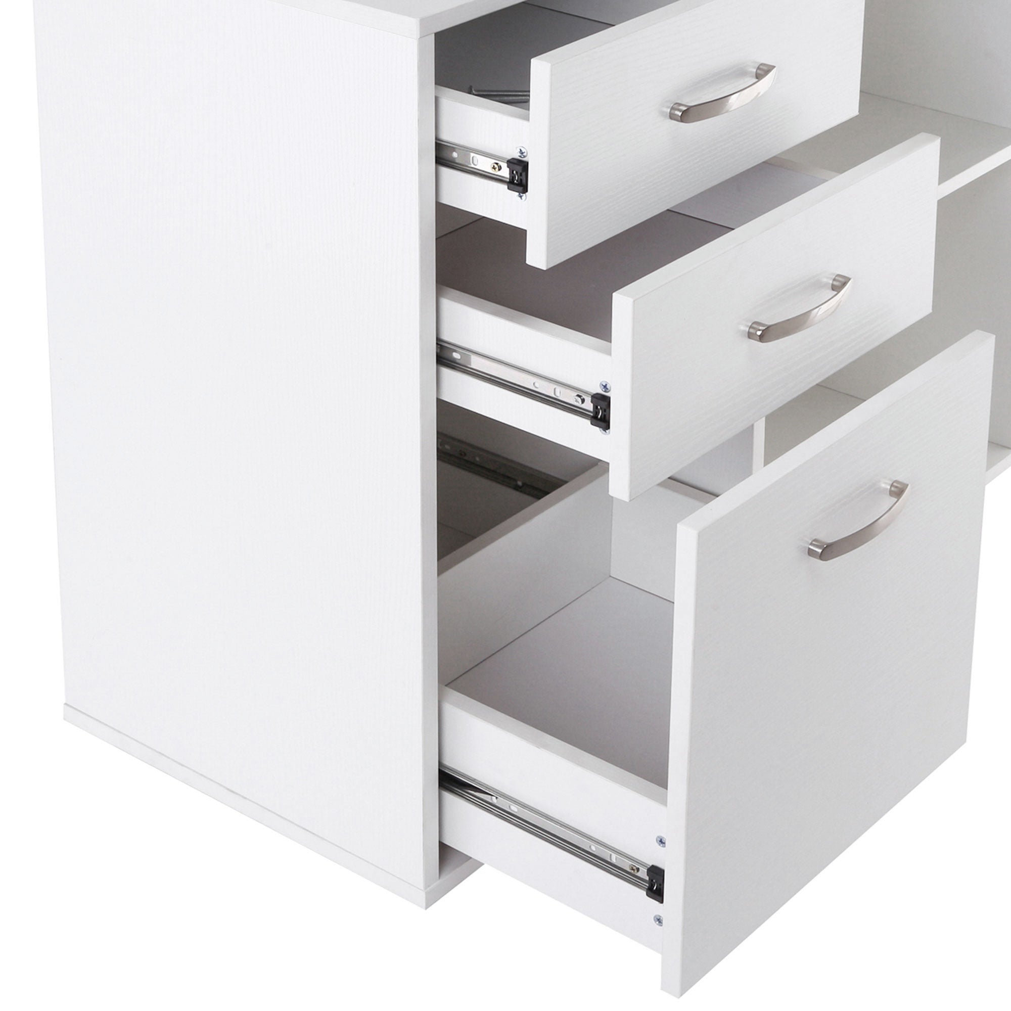 White Modular Corner Straight Desk Dining Table 2 in 1 Computer Desk 3 Drawers + 2 Shelves MDF