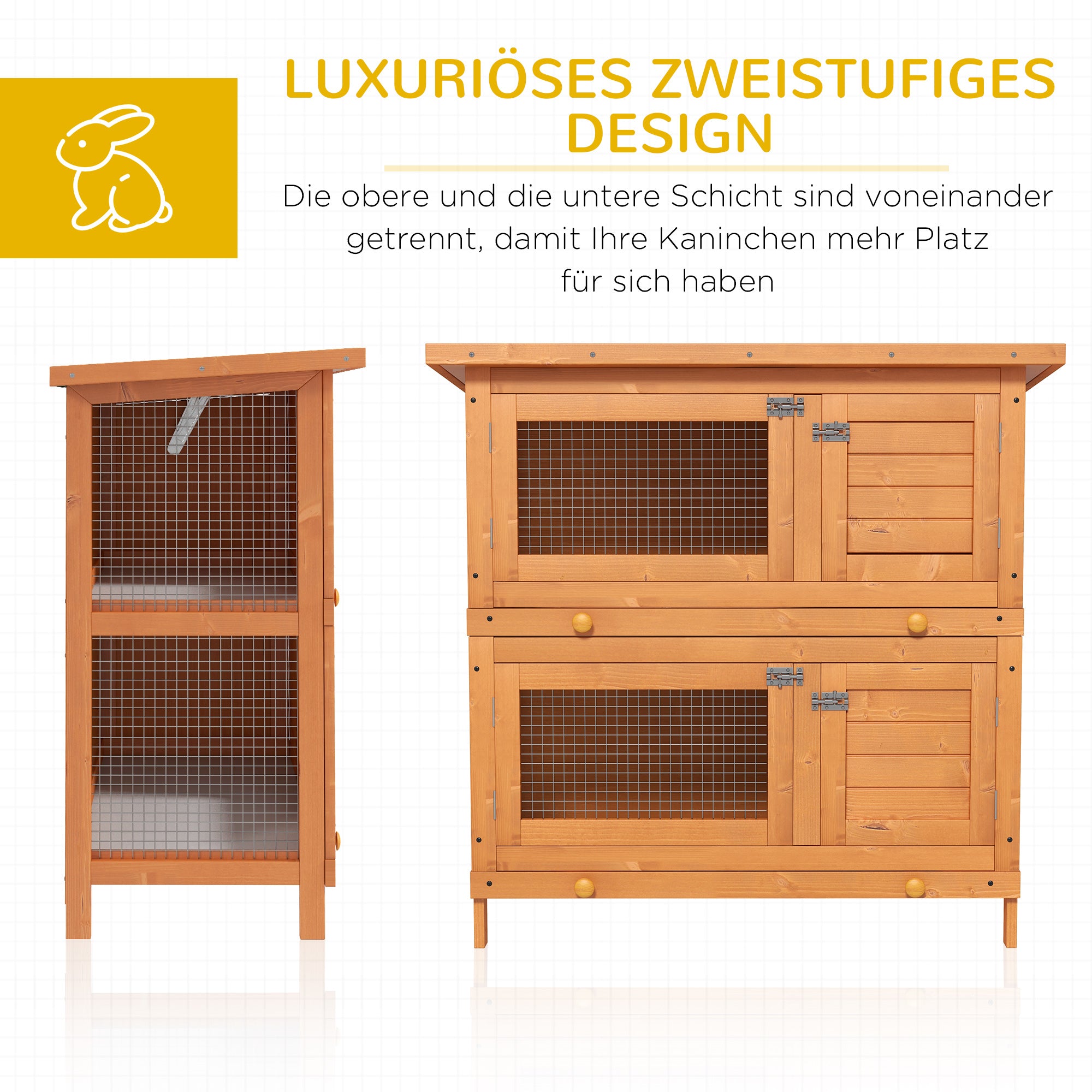 Small Animal Hutch Dwarf Rabbit Hutch with Asphalt Roof Small Animal House Guinea Pig Hutch double-decker Animal Hutch Outdoor Weatherproof Fir Wood Yellow 90 x 45 x 90 cm