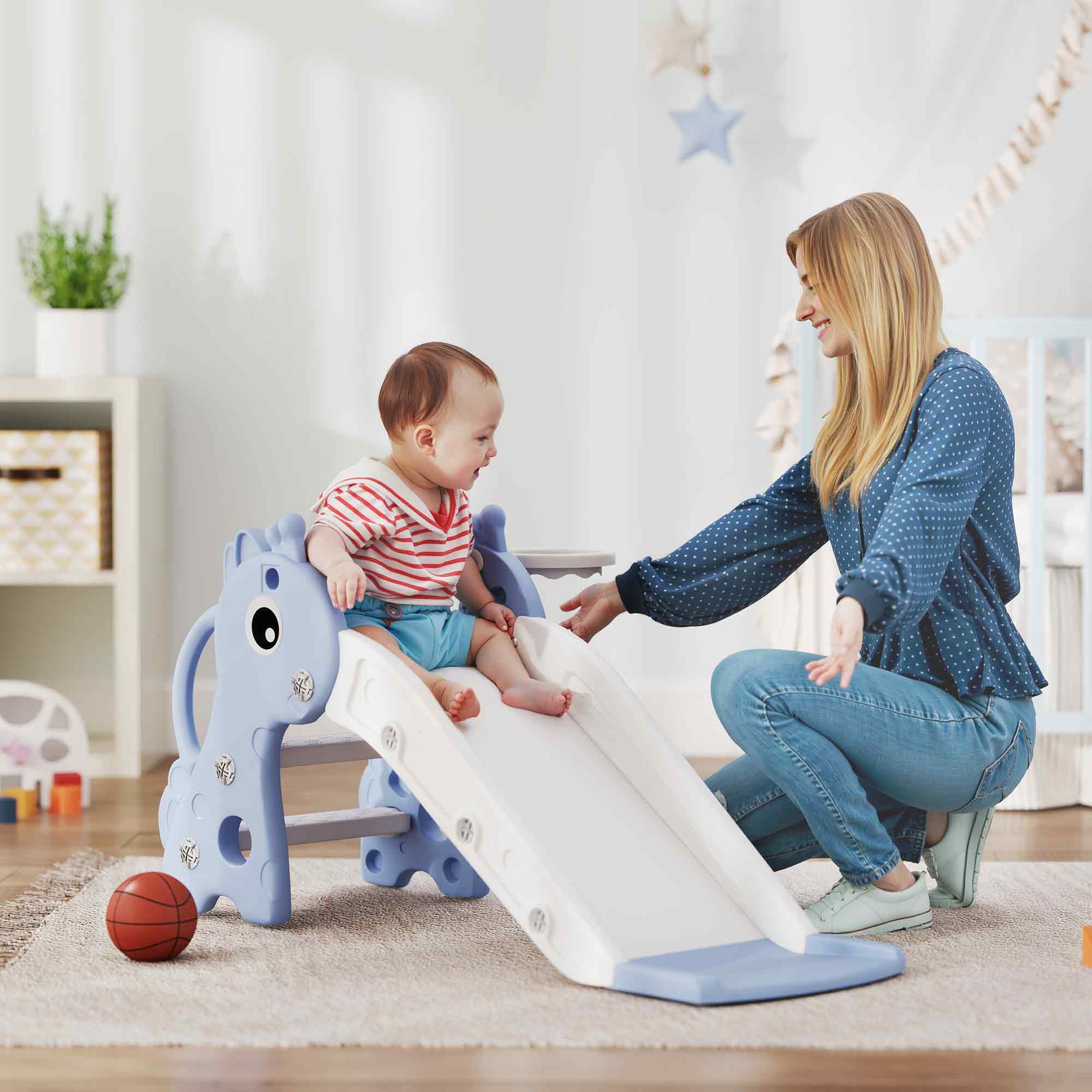 Children's Slide Toddler Slide with Basketball Hoop, Indoor Outdoor Plastic Toddler Slide Garden Slide for Kids 1 to 3 Years, Blue