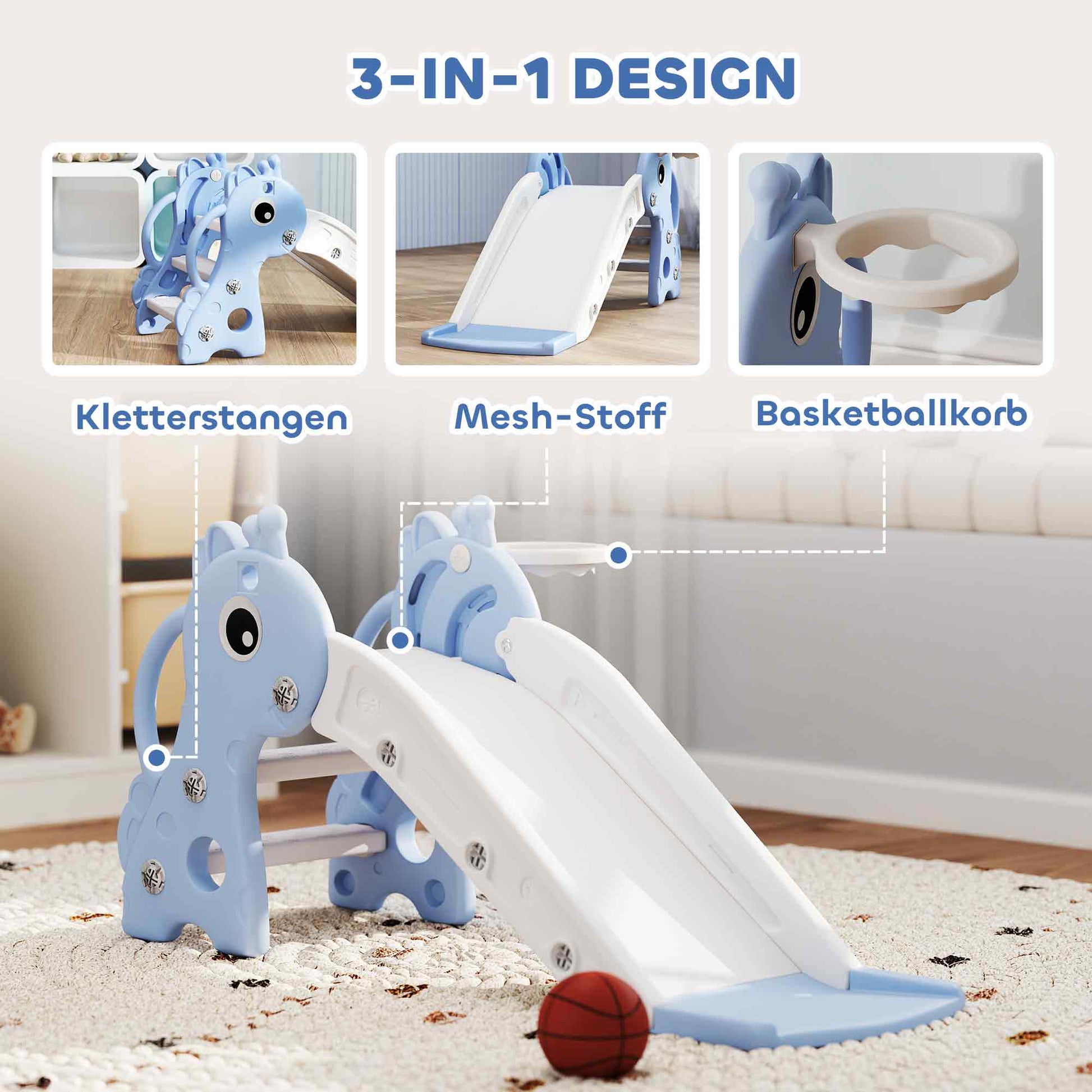 Children's Slide Toddler Slide with Basketball Hoop, Indoor Outdoor Plastic Toddler Slide Garden Slide for Kids 1 to 3 Years, Blue