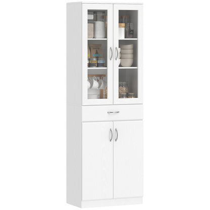 Tall Kitchen Pantry Cabinet with Glass Doors, Drawer & Adjustable Shelves, White, 23.6 x 13.8 x 70.9 in