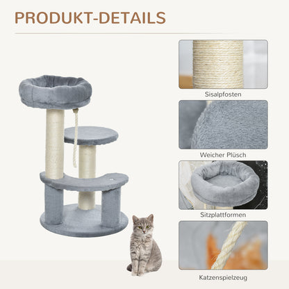 Cat Tree Climbing Tree with Hammock, 3-Tier Play Tree with Cat Bed Cat Scratching Post with Sitting Platform, Sisal Columns, Gray Ø40 x H65 cm