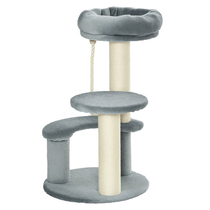 Cat Tree Climbing Tree with Hammock, 3-Tier Play Tree with Cat Bed Cat Scratching Post with Sitting Platform, Sisal Columns, Gray Ø40 x H65 cm