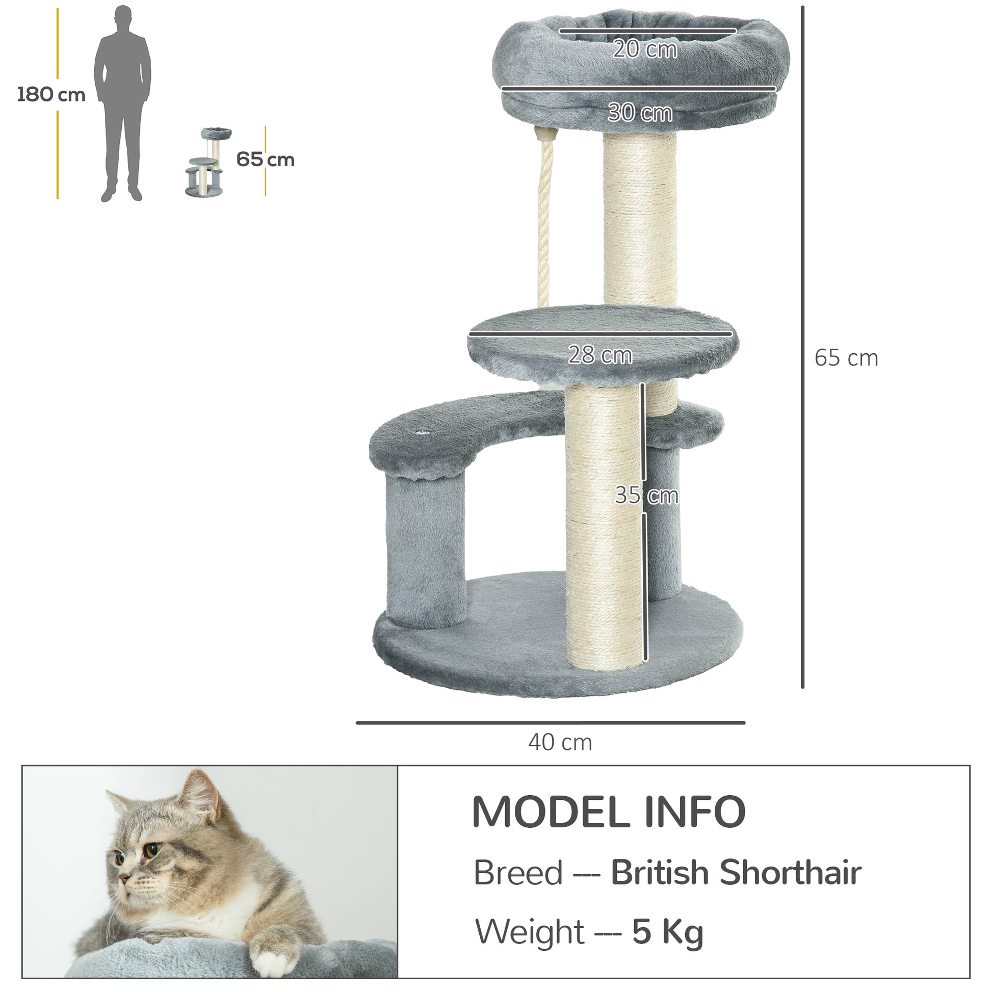 Cat Tree Climbing Tree with Hammock, 3-Tier Play Tree with Cat Bed Cat Scratching Post with Sitting Platform, Sisal Columns, Gray Ø40 x H65 cm
